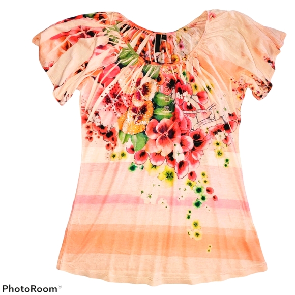 Susan Lawrence Flowy Short Sleeve Floral Design Summer Blouse 346 - Picture 1 of 8